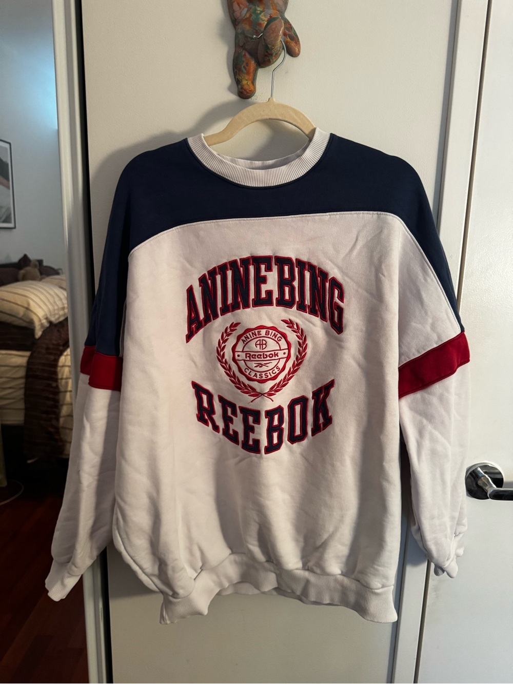 Anine Bing x Reebok White Navy Red Logo Crewneck Sweatshirt